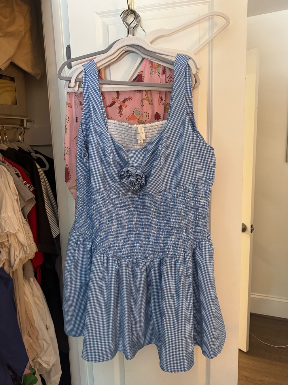 Maeve Blue Gingham Smocked Tank with Floral Appliqué
